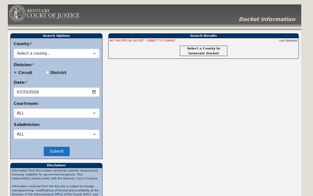 Allen County court docket search fields