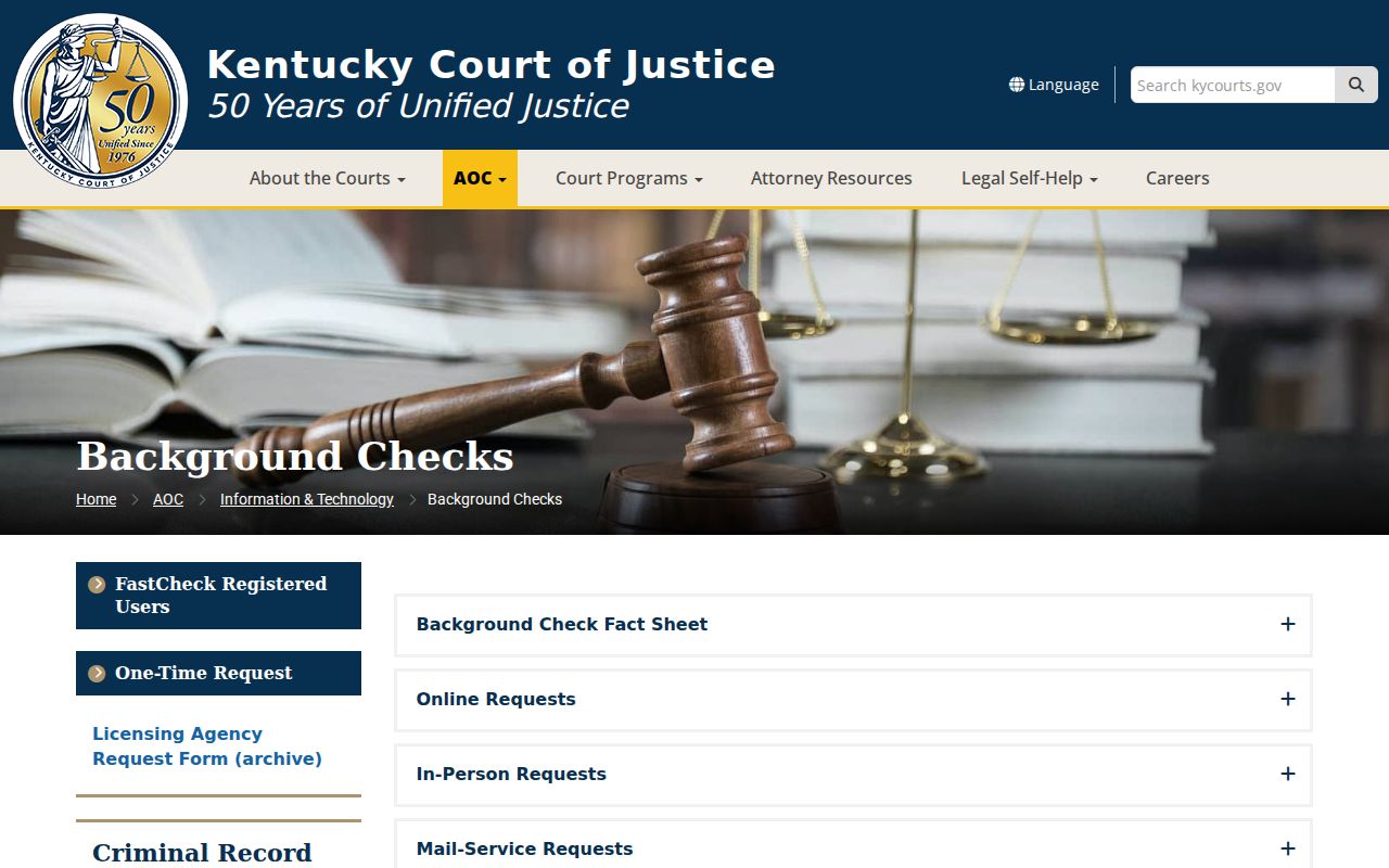 Kentucky AOC FastCheck and One-Time Request options